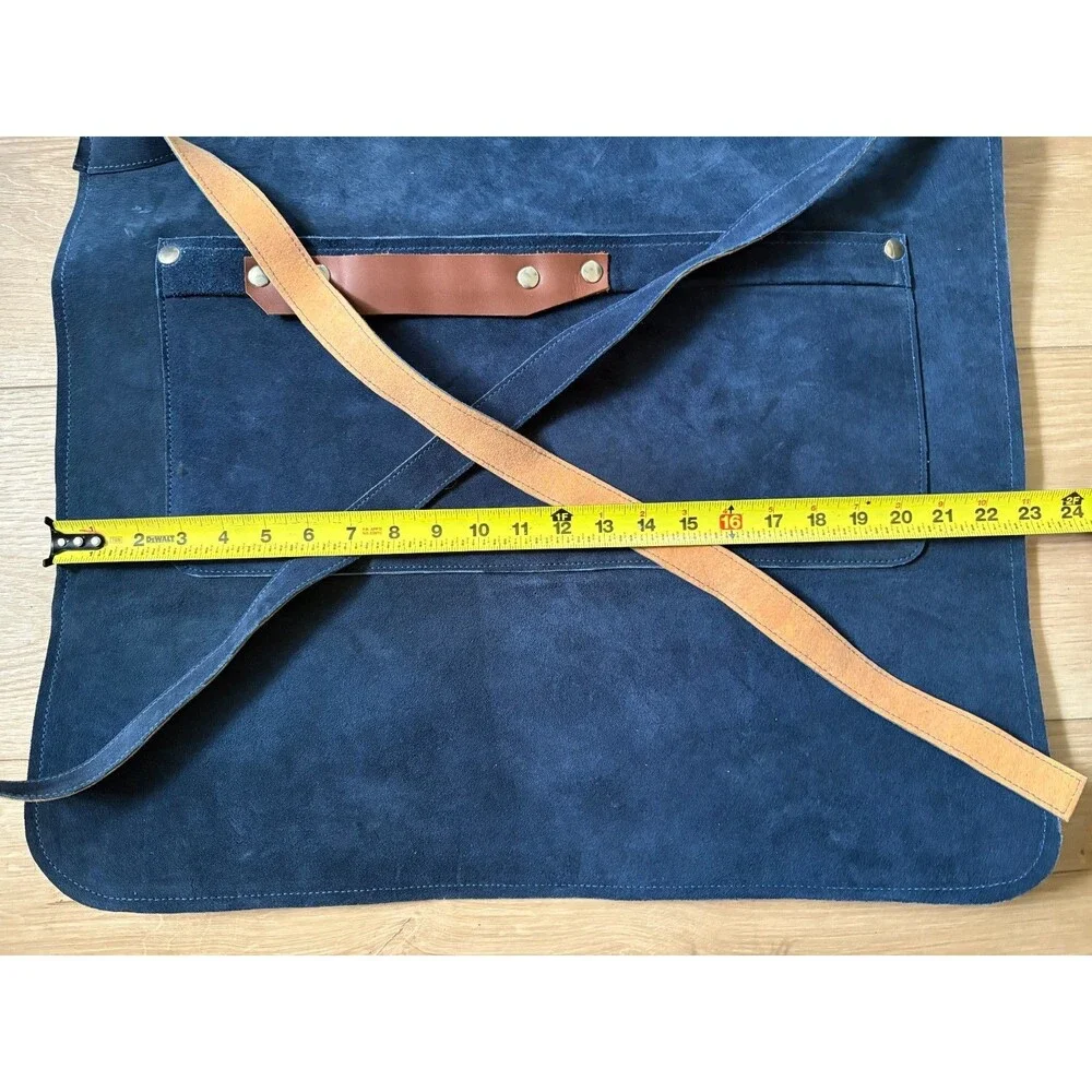 Blue Suede Leather Apron Adjustable Crossback Straps Chef Grilling Workshop